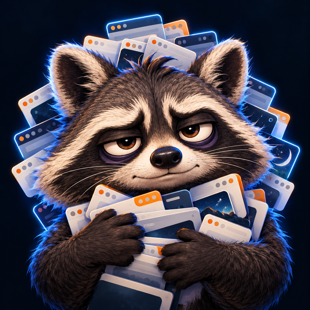 The tired One More Tab raccoon
